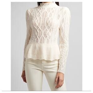 New Express Ruffle Mock Neck Pointelle Peplum Sweater White Gold Glam Holiday S